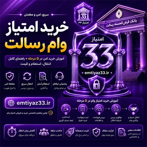 خرید امتیاز وام رسالت را به‌صورت امن و آگاهانه انجام دهید. آموزش کامل خرید در ۵ مرحله، استعلام امتیاز، انتقال، عوامل مؤثر بر قیمت، نکات جلوگیری از کلاهبرداری و راهنمای کامل ثبت درخواست در امتیاز ۳۳.